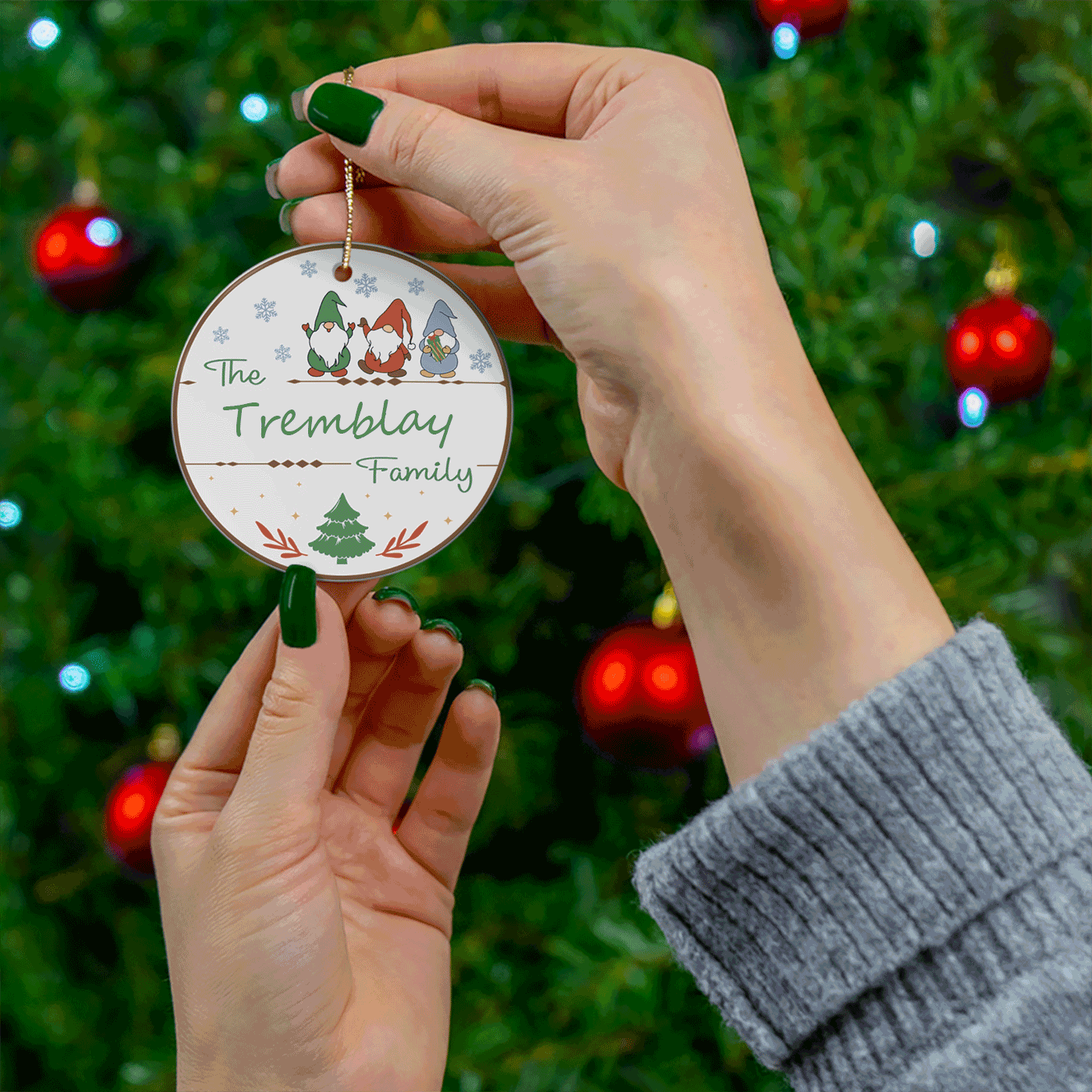 Custom Family Christmas | Festive Gnome Theme | Ceramic Ornament